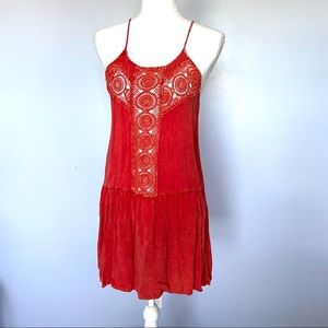 Anthropologie Red Orange Crochet Dress Tunic Top Womens Small Vintage Acid Wash